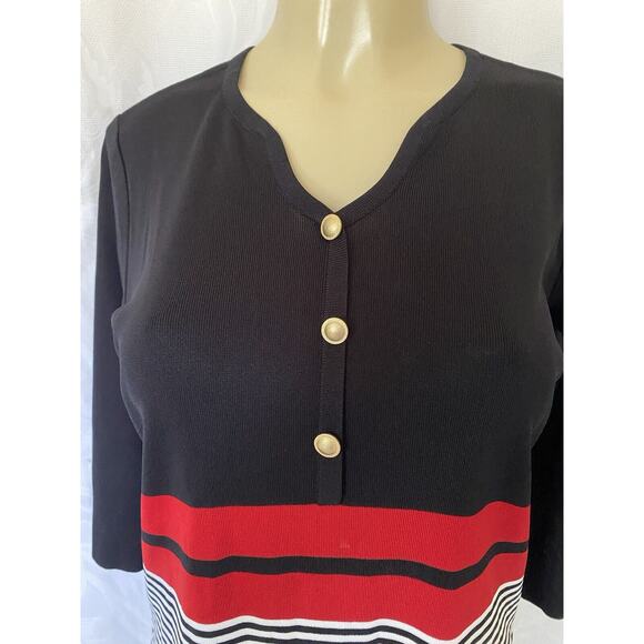 Exclusively Misook Top Sweater 3/4 Sleeve Knit Black Red White Striped V… - Picture 4 of 6